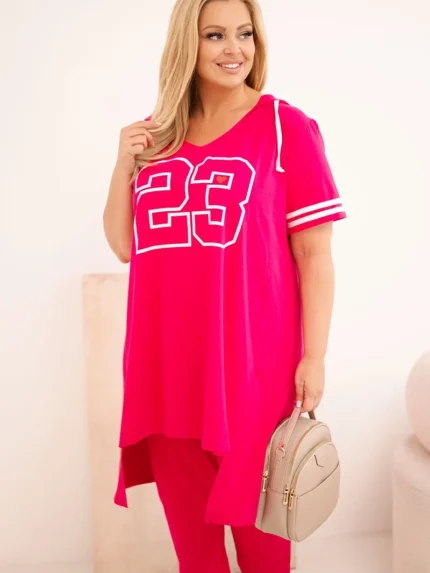 Komplet damski bawełniany Plus Size z bluzką z kapturem i spodniami fuksja