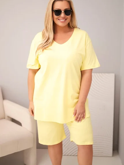 Komplet damski bawełniany Plus Size z bluzką i spodenkami żółty