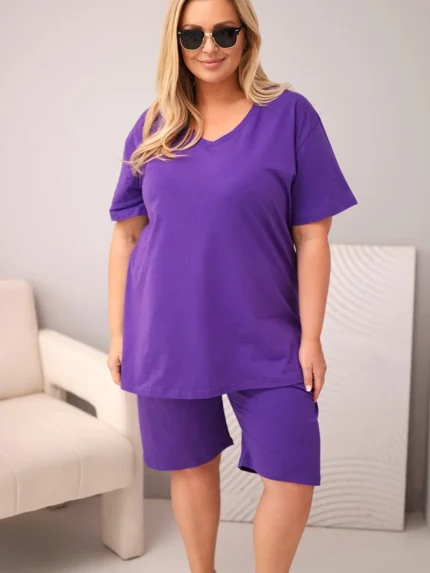 Komplet damski bawełniany Plus Size z bluzką i spodenkami fioletowy