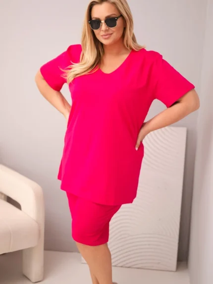 Komplet damski bawełniany Plus Size z bluzką i spodenkami fuksja