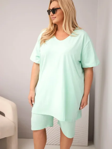 Komplet damski bawełniany Plus Size z bluzką i spodenkami miętowy