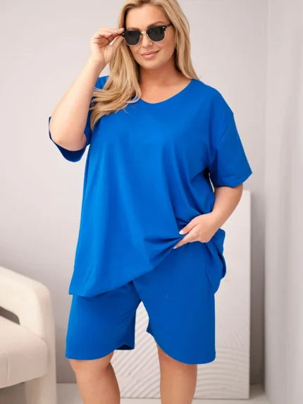 Komplet damski bawełniany Plus Size z bluzką i spodenkami chabrowy