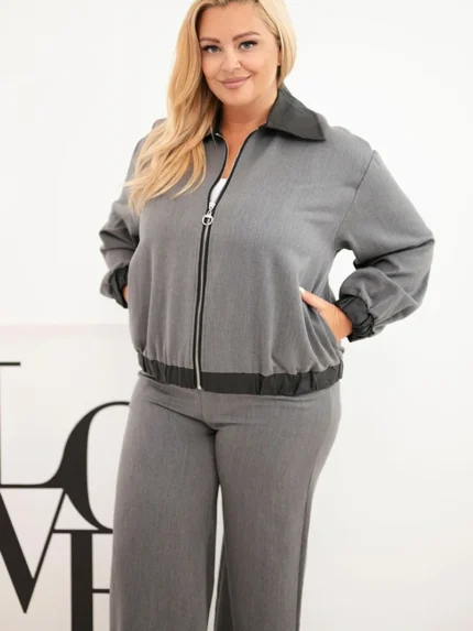 Komplet damski Plus Size z bluzą na zamek i szerokimi spodniami grafitowy
