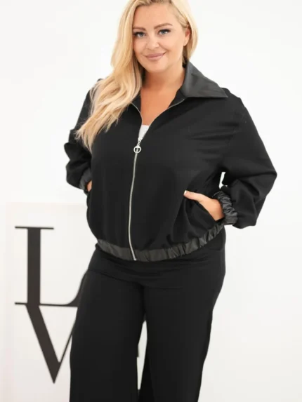 Komplet damski Plus Size z bluzą na zamek i szerokimi spodniami czarny