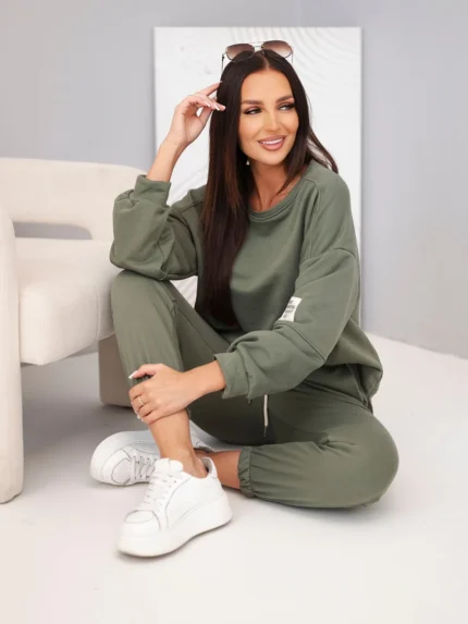 Komplet damski bawełniany z bluzą i spodniami jogger khaki