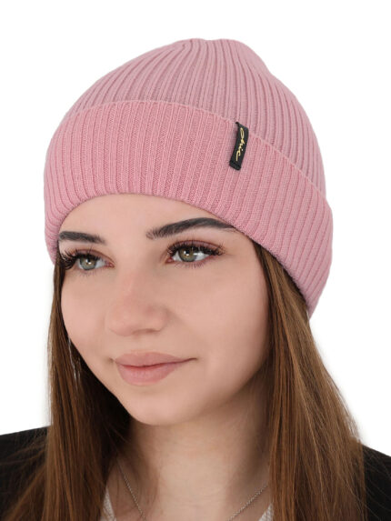 Czapka zimowa, jesienna, wiosenna damska, różowa, 100% wełniana merino, Megan