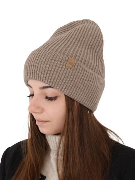 Czapka zimowa damska, ciemnobeżowa, 100% wełniana merino Isla