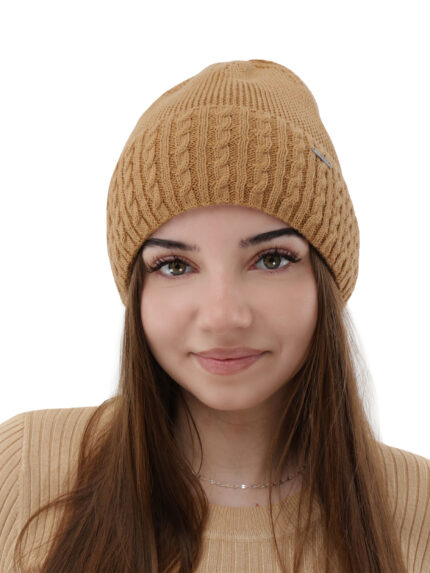 Czapka zimowa damska, camel, z wełną merino, Febe