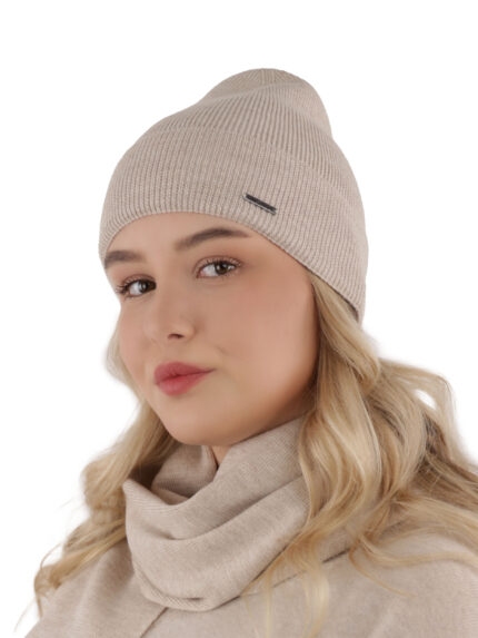 Czapka i szalik damski zimowy komplet, beżowy, 100% wełniany merino Melpomena