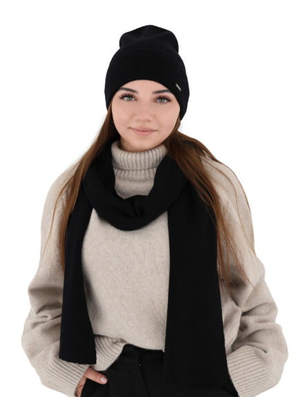 Czapka i szalik damski zimowy komplet, czarny, 100% wełniany merino Melpomena