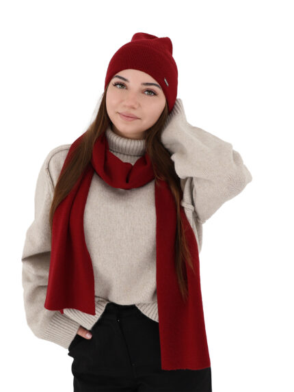 Czapka i szalik damski zimowy komplet, bordowy, 100% wełniany merino Melpomena