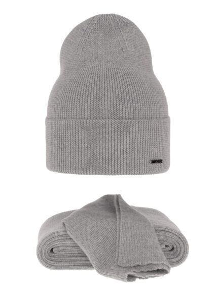 Czapka i szalik damski, zimowy komplet, szary, 100% wełniany merino Melpomena
