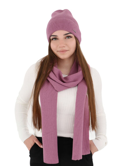 Czapka i szalik damski zimowy komplet, wrzosowy, 100% wełniany merino Melpomena
