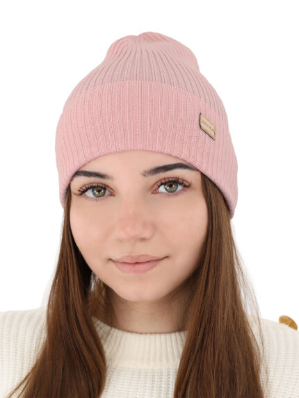 Czapka damska zimowa, wiosenna, jasnoróżowa, 100% wełniana merino Sophie