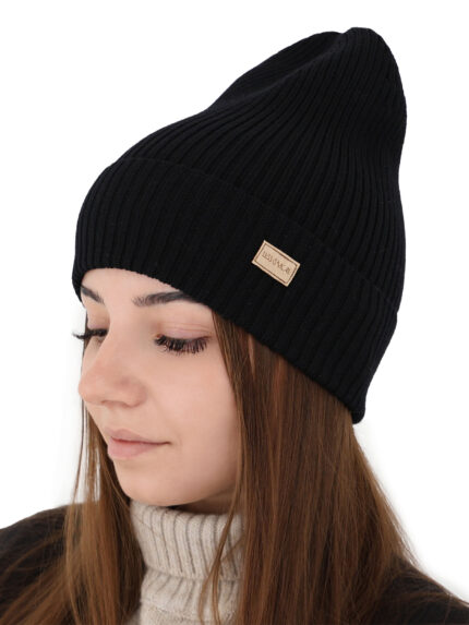 Czapka damska zimowa, wiosenna, czarna, 100% wełniana merino, Sophie