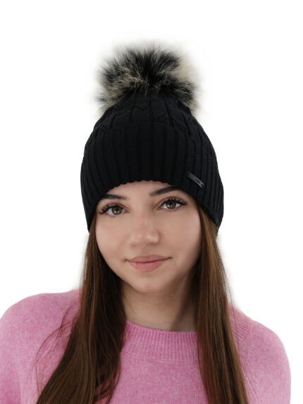 Czapka zimowa damska, czarna, z wełną merino Talaria