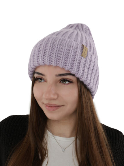 Czapka zimowa damska, fioletowa, z wełną merino Caro