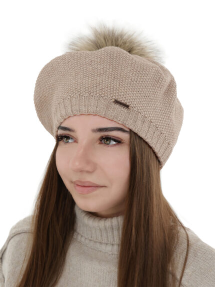 Beret damski zimowy, beżowy, z wełną merino Bonnie