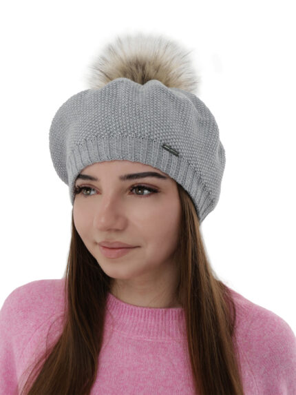 Beret damski zimowy, szary, z wełną merino Bonnie