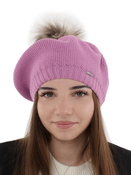 Beret damski zimowy, fioletowy, z wełną merino Bonnie