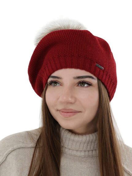 Beret damski zimowy, bordowy, z wełną merino Bonnie