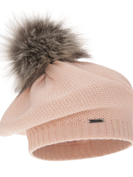 Beret damski zimowy, różowy, z wełną merino Bonnie