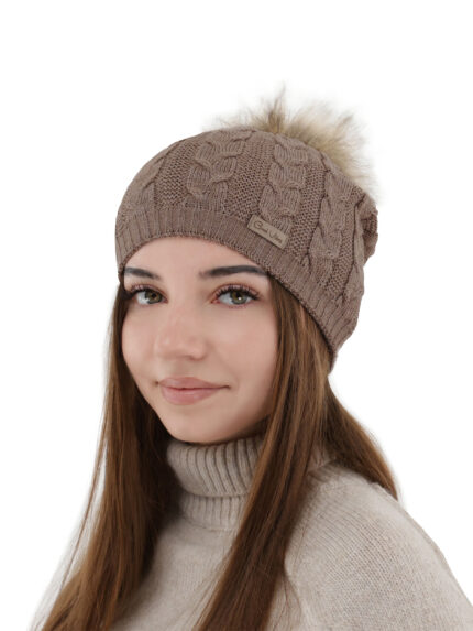 Czapka zimowa damska, ciemnobeżowa, z wełną merino Bafi
