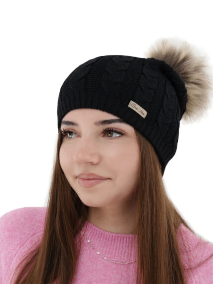 Czapka zimowa damska, czarna, z wełną merino, Bafi