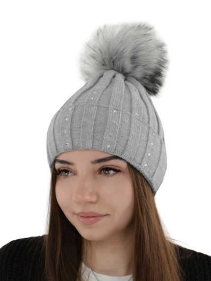 Czapka zimowa damska, szara, z pomponem, Mada