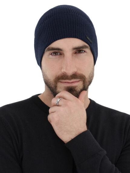 Czapka jesienna, wiosenna męska, granatowa, 100% wełniana merino Fleur