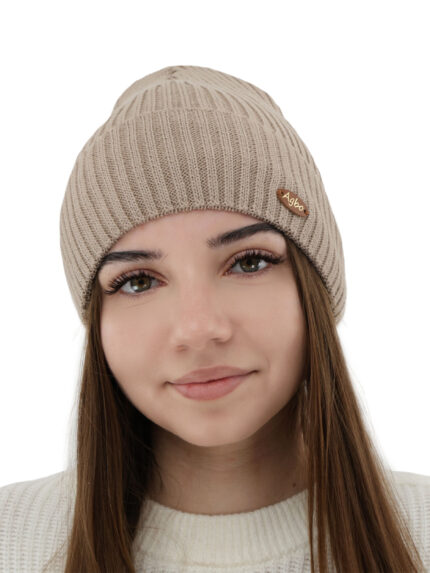 Czapka zimowa damska, beżowa, z wełną merino Shila