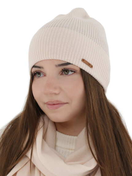 Czapka jesienna, wiosenna damska, jasnoróżowa, 100% wełniana merino, Flerra