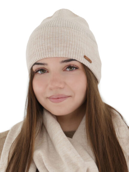 Czapka jesienna, wiosenna damska, beżowa, 100% wełniana merino, Flerra