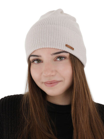Czapka jesienna, wiosenna damska, beżowa, 100% wełniana merino, Flerra