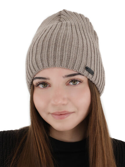 Czapka zimowa damska, ciemnobeżowa, z wełną merino Soletta