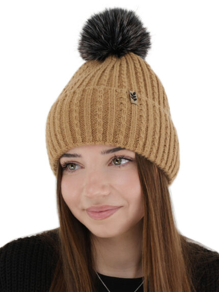 Czapka zimowa damska, camel, z pomponem, Calista
