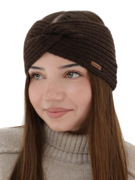 Opaska zimowa damska, brązowa, 100% wełniana merino Veka