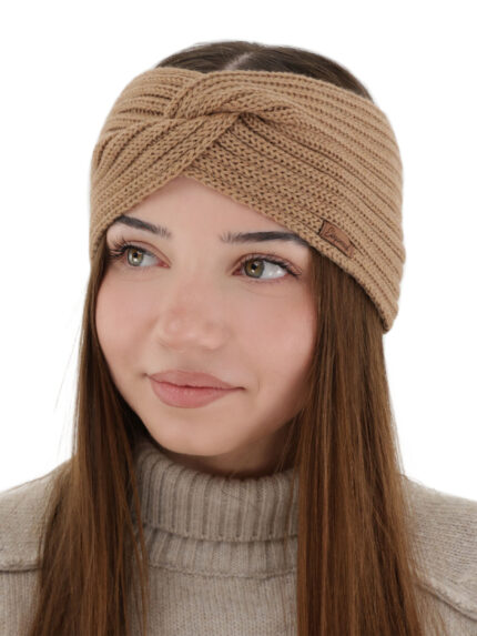 Opaska zimowa damska, camel, 100% wełniana merino Veka