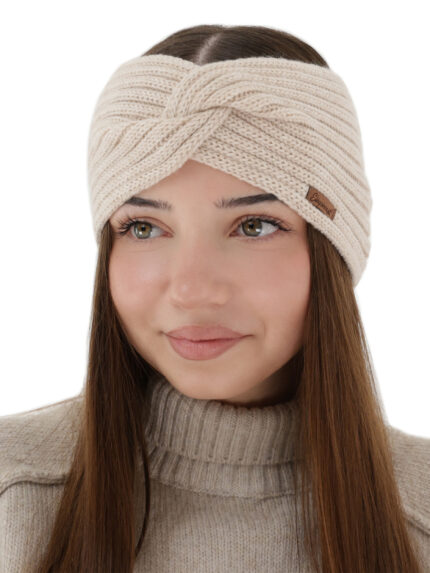 Opaska zimowa damska, jasnobeżowa, 100% wełniana merino Veka