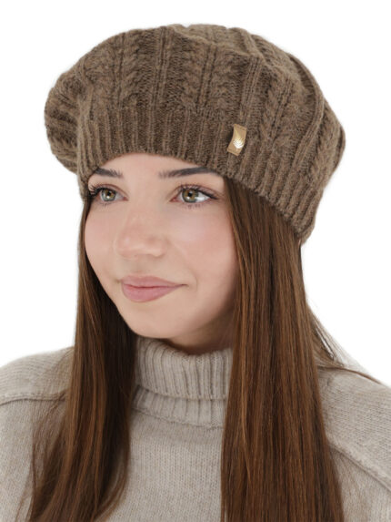 Beret damski zimowy, brązowy, z wełną merino Senja