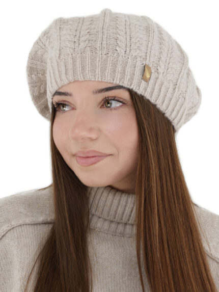 Beret damski zimowy, beżowy, z wełną merino Senja