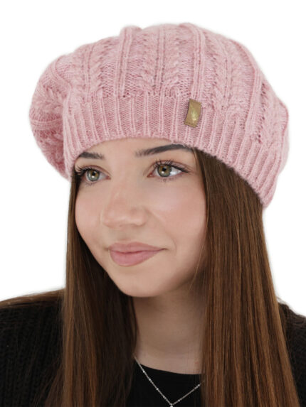 Beret damski zimowy, różowy, z wełną merino Senja