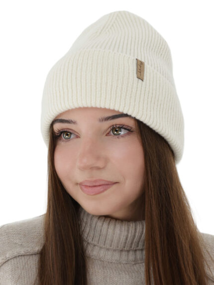 Czapka zimowa damska, kremowa, wełna merino z kaszmirem, Lomi