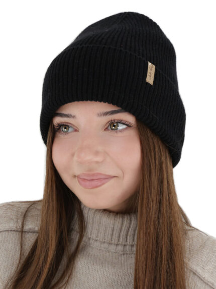 Czapka zimowa damska, czarna, wełna merino z kaszmirem, Lomi