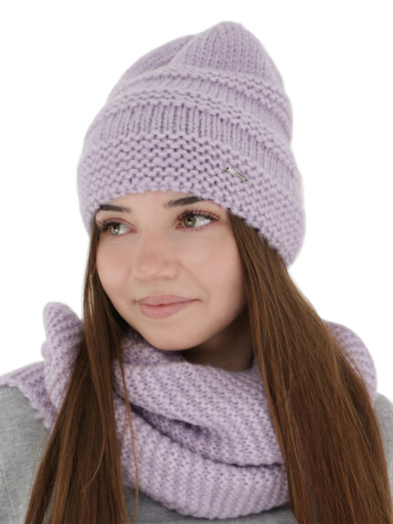 Czapka i szalik komin, zimowy komplet, fioletowy, z wełną merino, Driva
