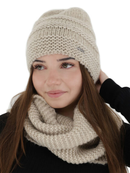 Czapka i szalik komin, zimowy komplet, jasnobeżowy, z wełną merino, Driva