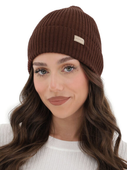 Czapka damska zimowa, wiosenna, brązowa, 100% wełniana merino Sophie