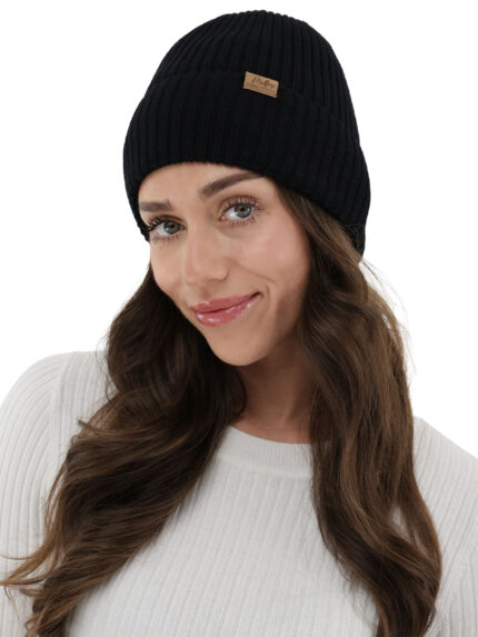 Czapka damska wiosenna, jesienna, czarna, 100% wełniana merino, bezszwowa, Fabrizia