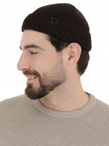 Czapka zimowa męska, brązowa, 100% wełniana merino, bezszwowa Smoky