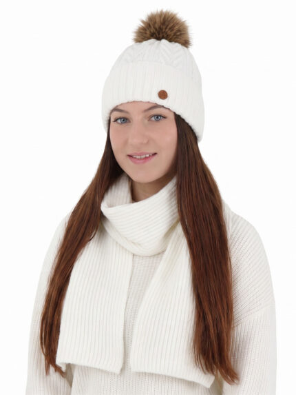 Czapka i szalik damski, zimowy komplet, biały, Meribel